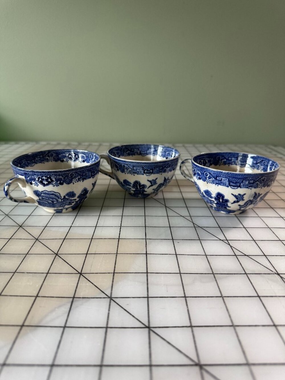 Vintage Blue Willow England Teacups Set of 3 Transferware Anchor Mark